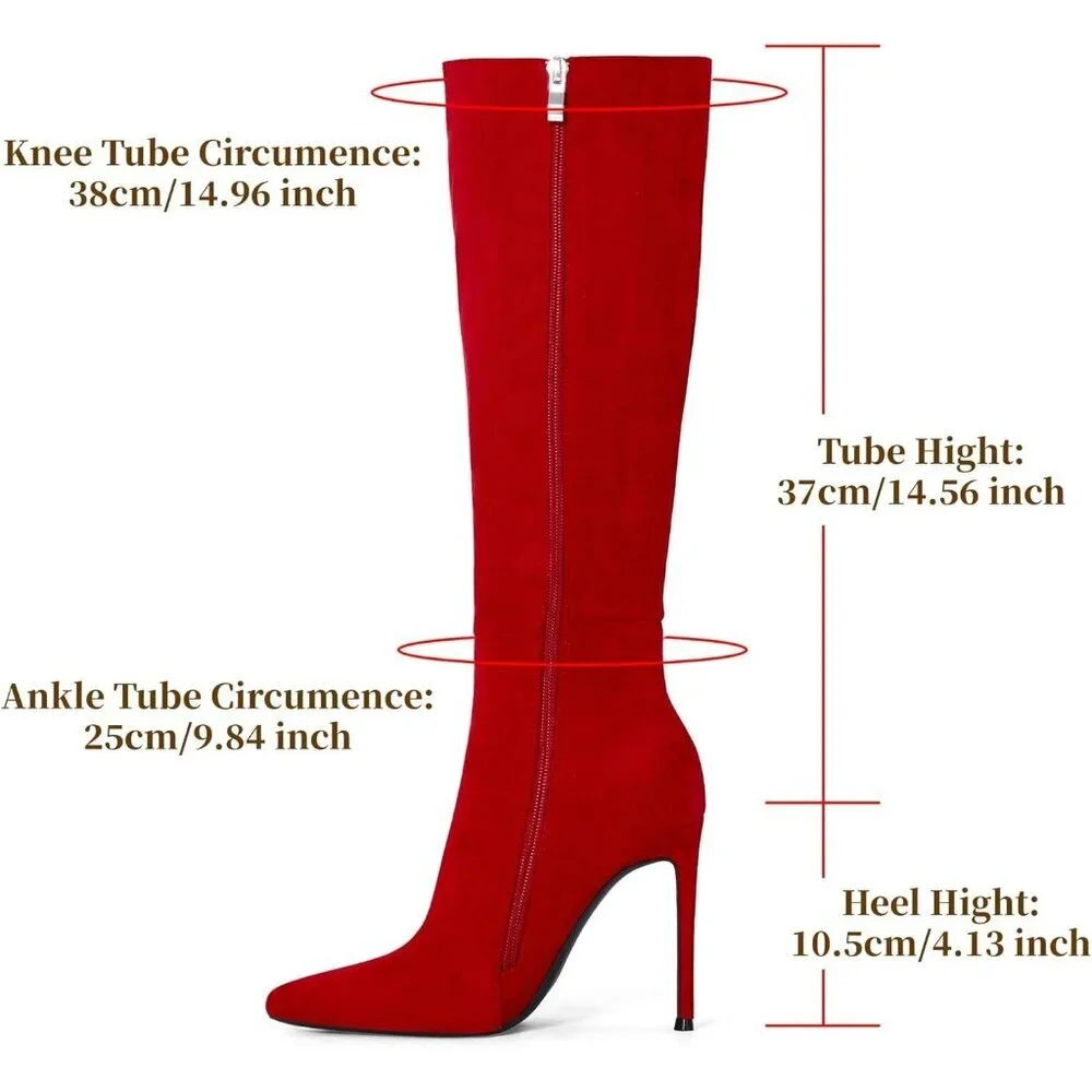 Women's Red Leather Suede Knee High Stiletto Tall Pointed Toe Stylish Boot
